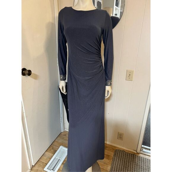 Alex Evenings Glittery Dark Gray Ruched Side floor Lengh Gown W/jeweled cuffs 8 - Picture 3 of 11
